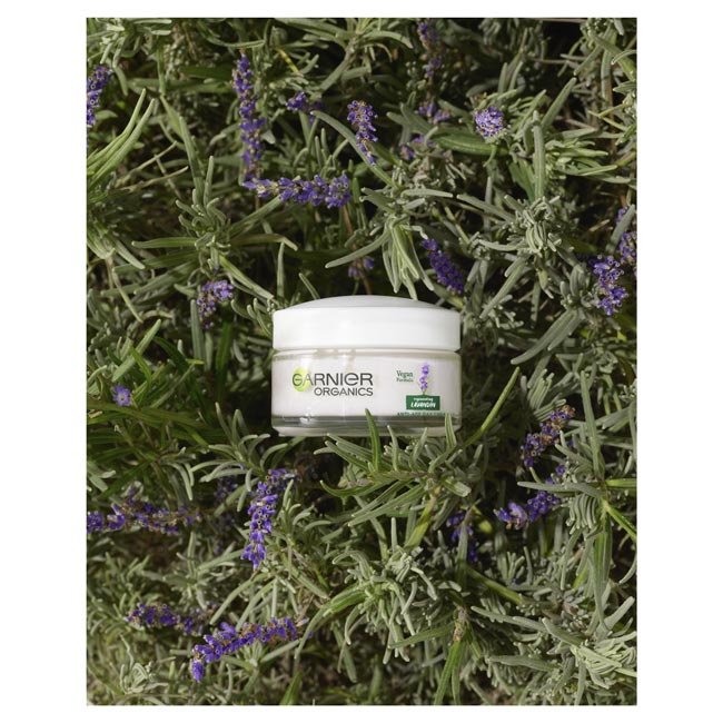 Garnier Organics Lavandin Anti-Age Day Cream product laying in lavandin